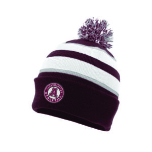 Knit Fold Over Pom- Pom Beanie - Maroon/White/Silver