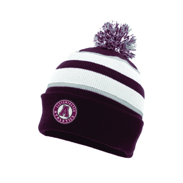Knit Fold Over Pom- Pom Beanie - Maroon/White/Silver